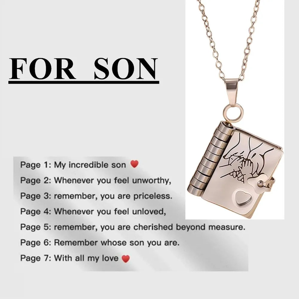 To My Champion Son Book Necklace Engraved 6 Pages of Messages Openable Book Pendant Necklaces Boy Birthday Gift My Little Hero