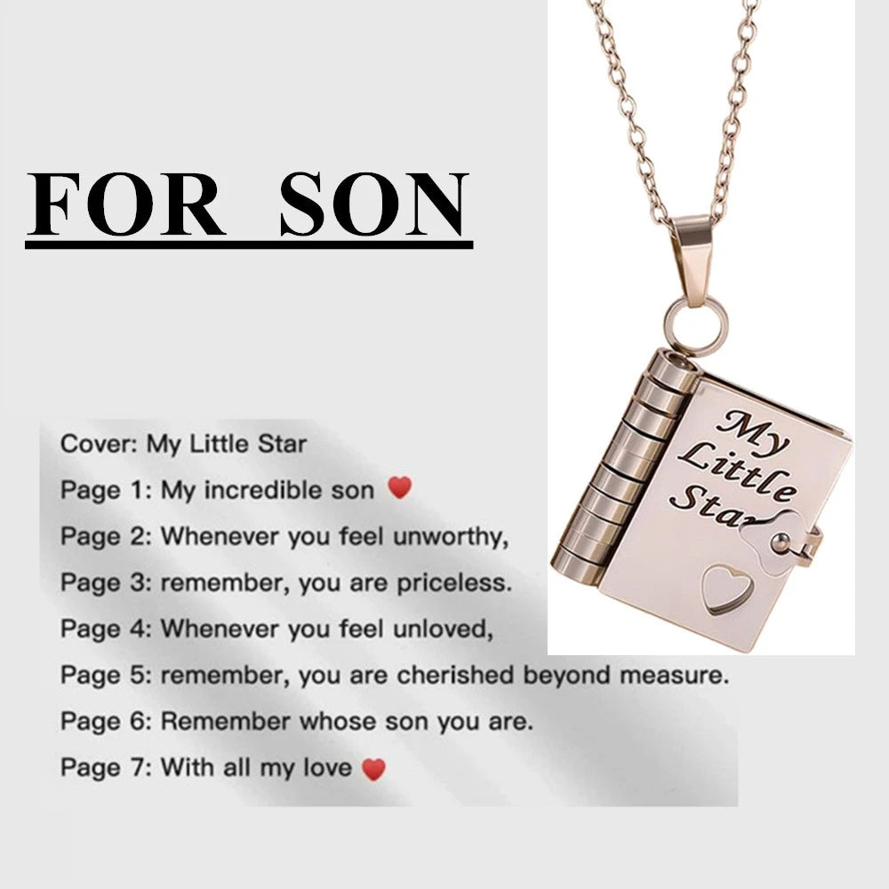 To My Champion Son Book Necklace Engraved 6 Pages of Messages Openable Book Pendant Necklaces Boy Birthday Gift My Little Hero