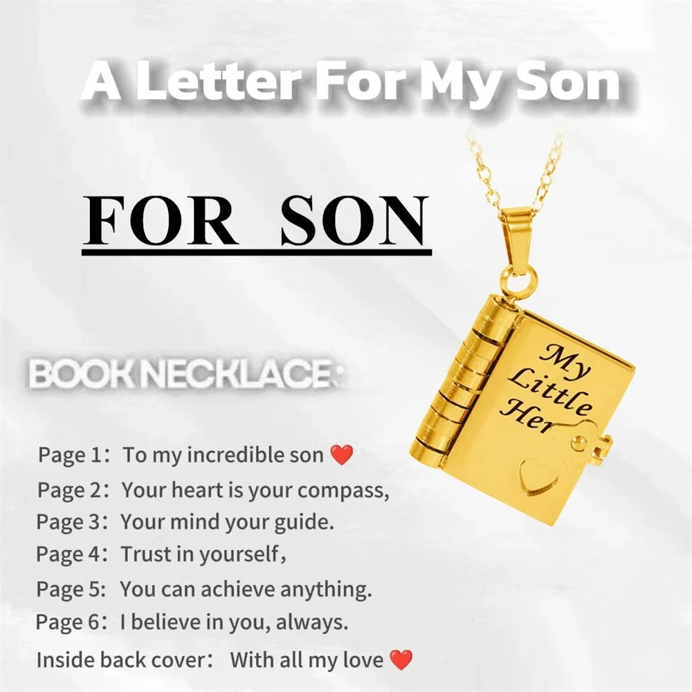 To My Champion Son Book Necklace Engraved 6 Pages of Messages Openable Book Pendant Necklaces Boy Birthday Gift My Little Hero