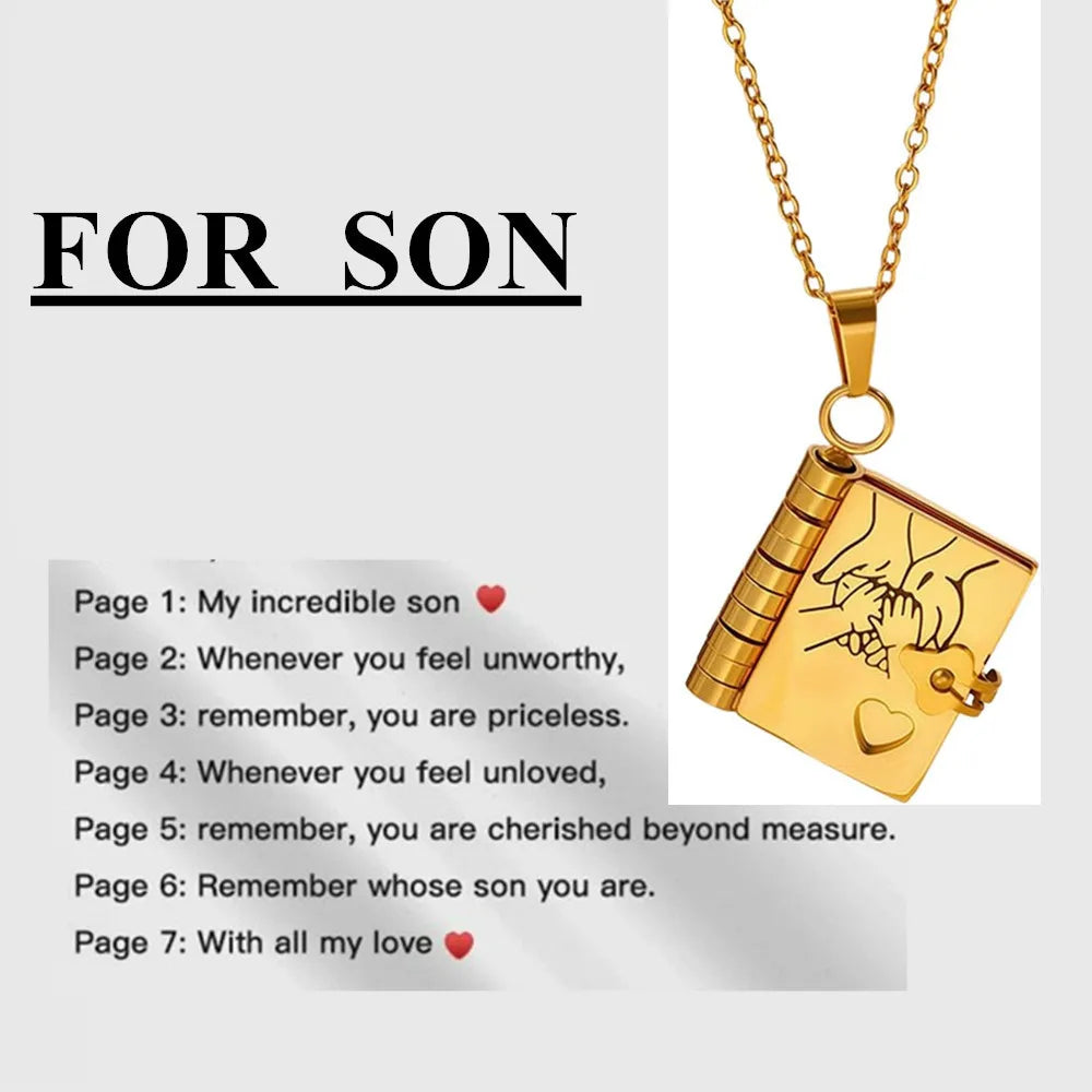 To My Champion Son Book Necklace Engraved 6 Pages of Messages Openable Book Pendant Necklaces Boy Birthday Gift My Little Hero