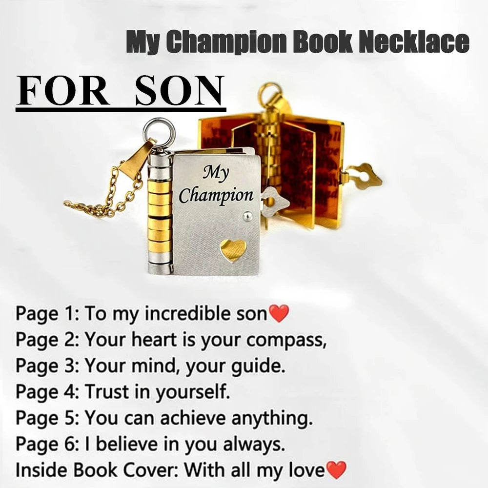 To My Champion Son Book Necklace Engraved 6 Pages of Messages Openable Book Pendant Necklaces Boy Birthday Gift My Little Hero