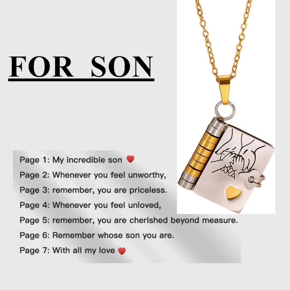 To My Champion Son Book Necklace Engraved 6 Pages of Messages Openable Book Pendant Necklaces Boy Birthday Gift My Little Hero