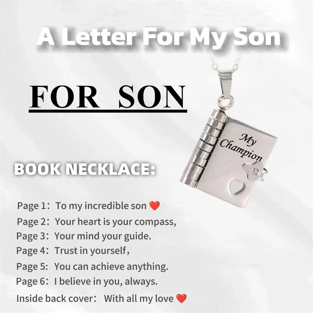 To My Champion Son Book Necklace Engraved 6 Pages of Messages Openable Book Pendant Necklaces Boy Birthday Gift My Little Hero