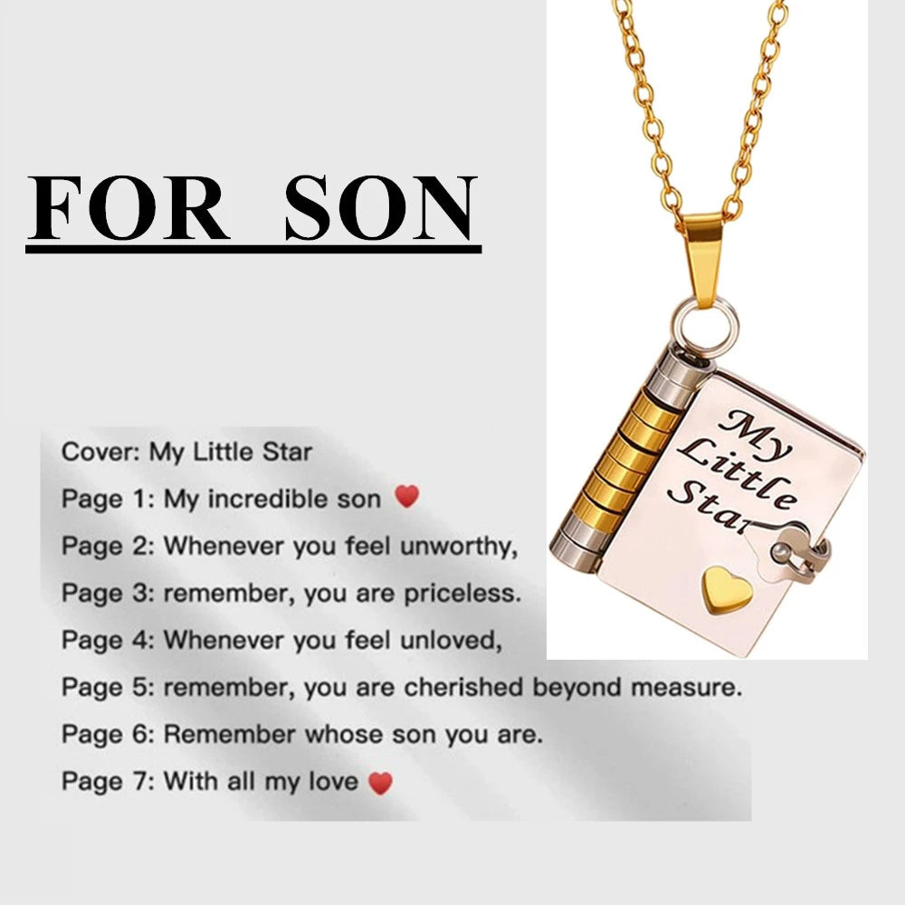 To My Champion Son Book Necklace Engraved 6 Pages of Messages Openable Book Pendant Necklaces Boy Birthday Gift My Little Hero