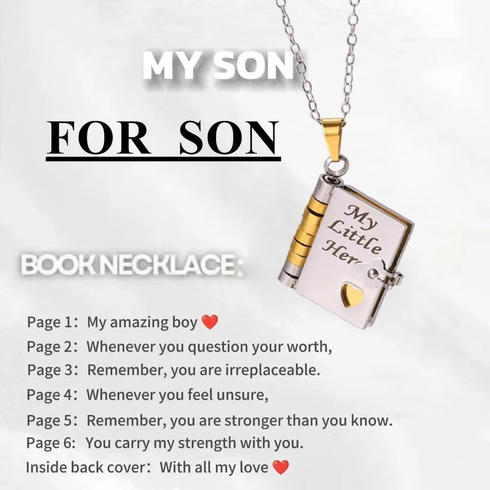 To My Champion Son Book Necklace Engraved 6 Pages of Messages Openable Book Pendant Necklaces Boy Birthday Gift My Little Hero