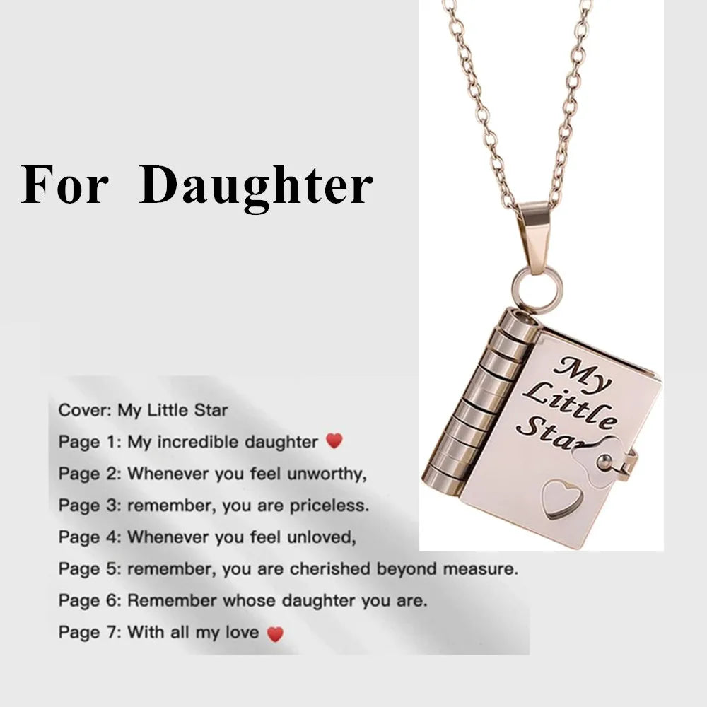 To My Champion Son Book Necklace Engraved 6 Pages of Messages Openable Book Pendant Necklaces Boy Birthday Gift My Little Hero