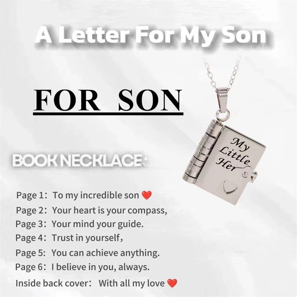 To My Champion Son Book Necklace Engraved 6 Pages of Messages Openable Book Pendant Necklaces Boy Birthday Gift My Little Hero