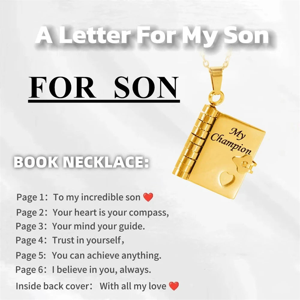 To My Champion Son Book Necklace Engraved 6 Pages of Messages Openable Book Pendant Necklaces Boy Birthday Gift My Little Hero